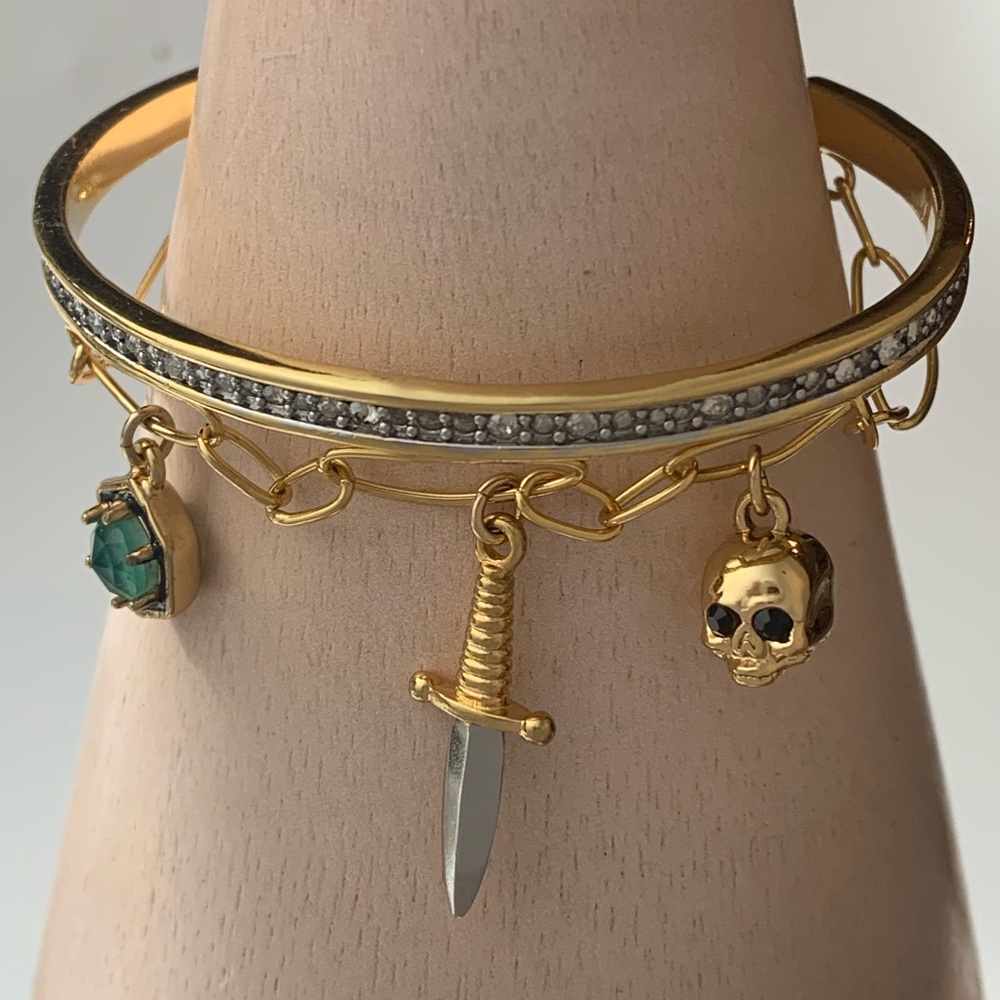 ALEXIS BITTAR Rare Sword Skull Dagger Enamel Green Vintage Charm Bracelet
